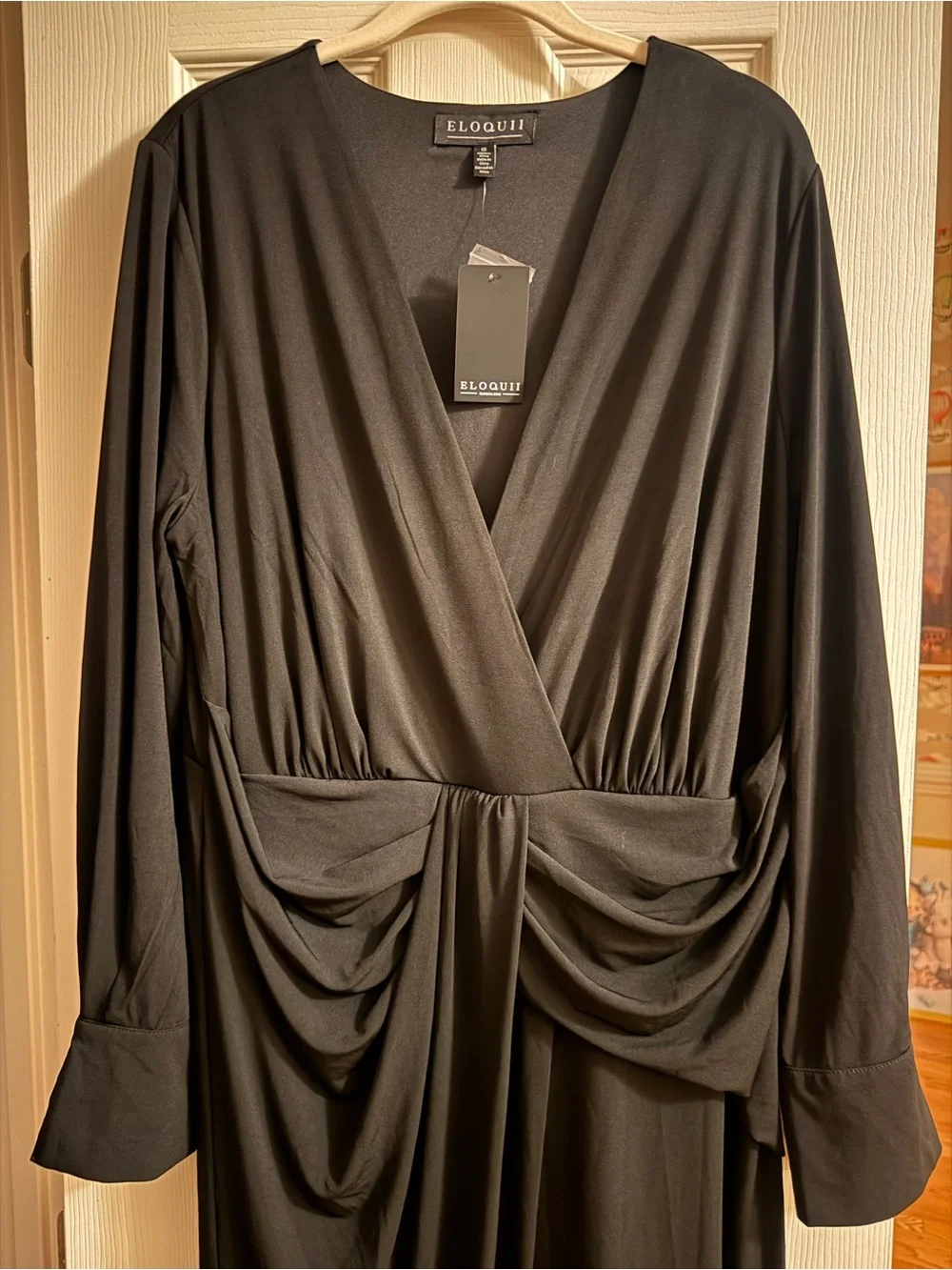 Eloquii Black Long Sleeve Faux-Wrap Midi Dress